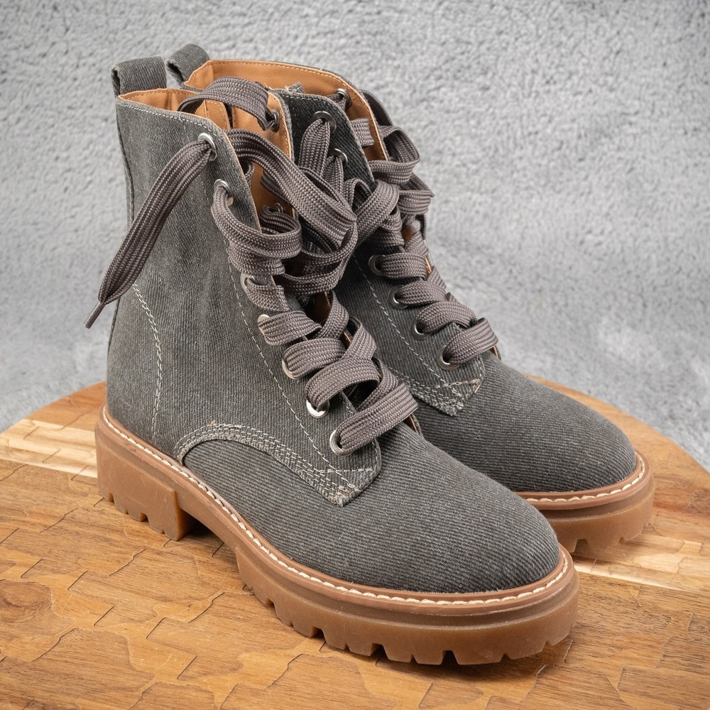Sun Stone Womens Ankle Boots Size 6 M Gray Denim Heavy Canvas Side Zip Lug Sole - Picture 1 of 6